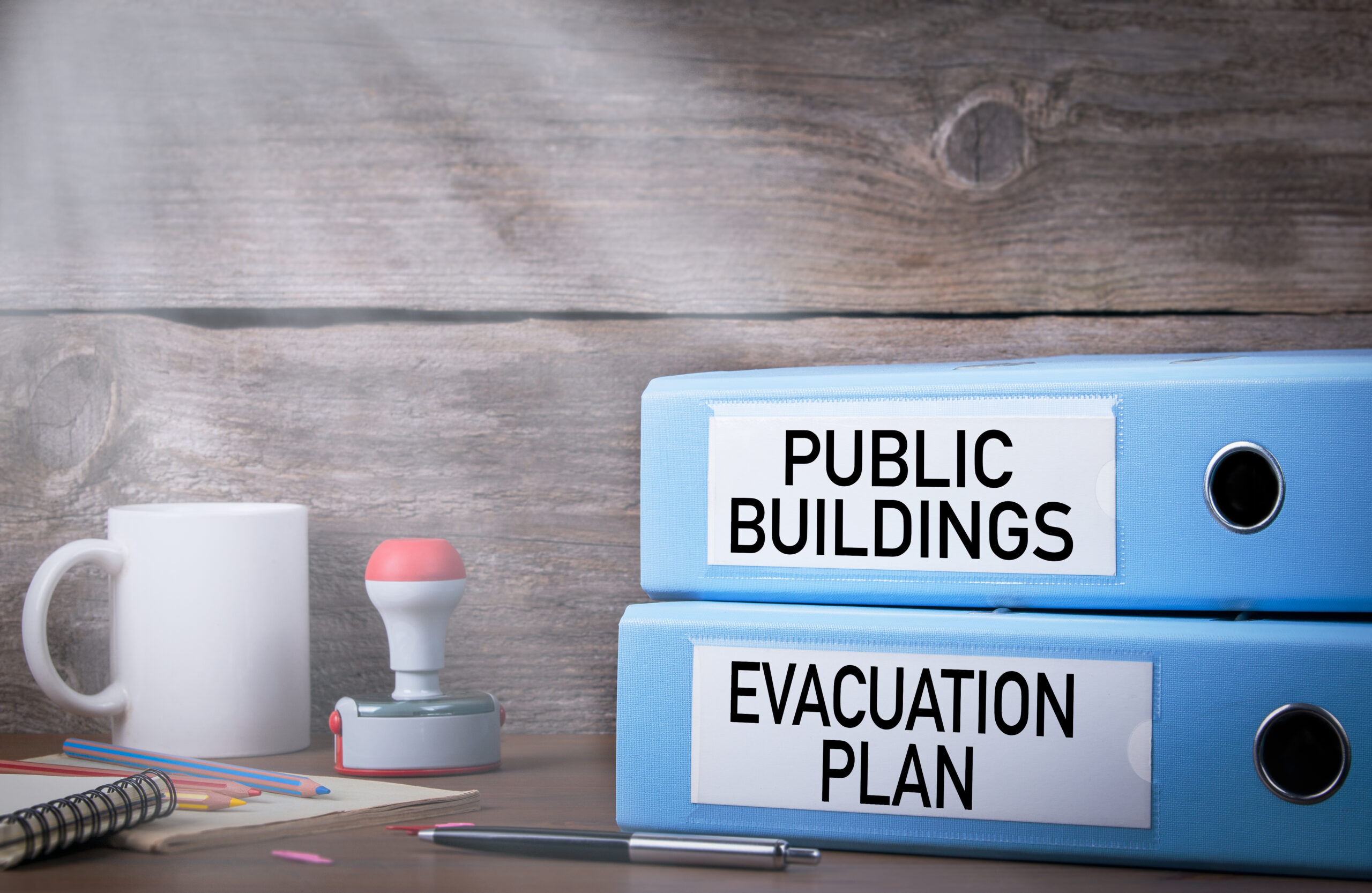 Emergency evacuation plan procedure folder for public buildings.